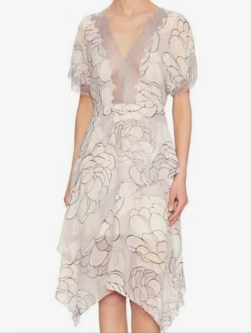 BCBG Max Azira Darielle Sheer Floral V-Neck Midi Dress in Blush